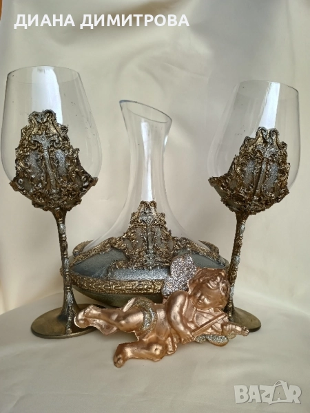 Ръчно декориран комплект за вино! Подарък!, снимка 1