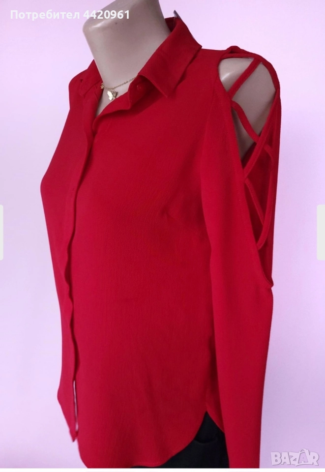 Дамска червена риза с изрязани рамене, снимка 1