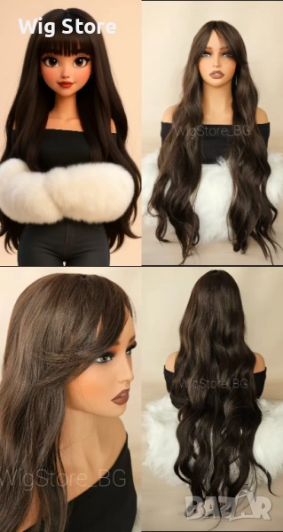 Дълга на вълни кафява перука с бретон, снимка 1