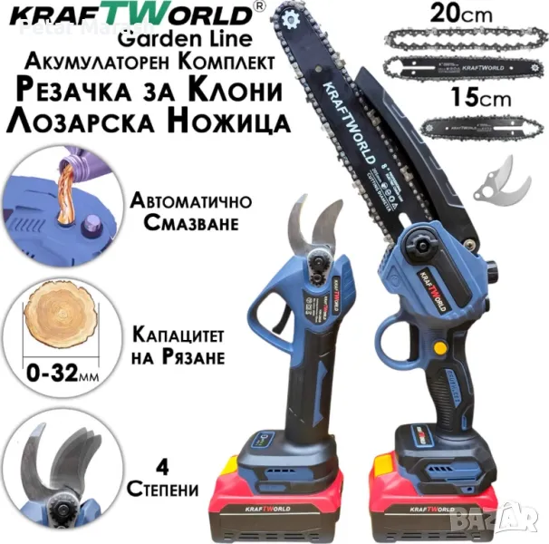 Професионален комплект KraftWorld – Лозарска ножица с 4 степени + Мини Резачка с Авто смазване, снимка 1