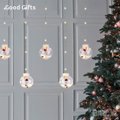 Коледни лампички LED Завеса с коледни топки Дядо Коледа, Топло бяло, 150 LED, снимка 1 - Лед осветление - 42731214
