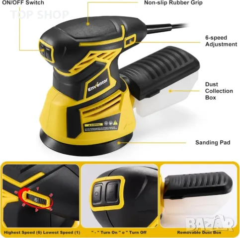 Орбитален шлайф Enventor, 350 W, 6000-13000 RPM, 6 скорости, с кутия за събиране на прах, 125 мм, снимка 2 - Гедорета - 49500424