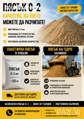 ПЯСЪК 0–2 ММ – ПАКЕТИРАН И НА ЕДРО, снимка 2 - Други ремонти - 55840132