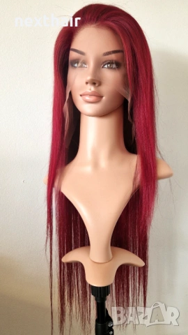 Естествена дантелена перука 80 см - 200% плътност, 13x6 Lace, бургунди тъмно червена права коса, снимка 3 - Аксесоари за коса - 53136225