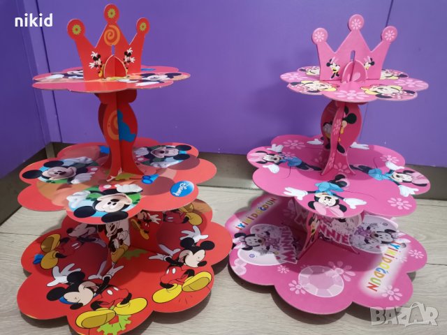 Мики  Мини Маус двулицева 3 етажна Триетажна поставка стойка за мъфини картонена кексчета 