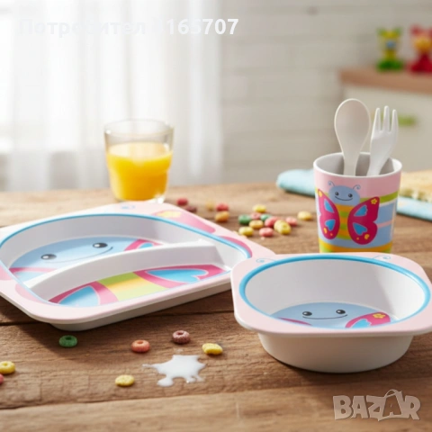 Детски комплект за хранене 5 части Cheffinger – чиния, купичка, чаша, лъжица и вилица, снимка 3 - Съдове за готвене - 53191883