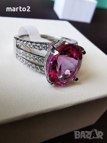 Сребърен 925 Пръстен с родиево покритие и красив натурален Розов Топаз и Циркони!, снимка 2 - Пръстени - 42062878