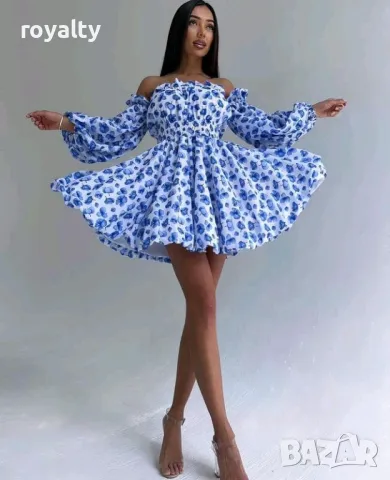 Ефектна синя рокля с паднали рамене, снимка 3 - Рокли - 50169831