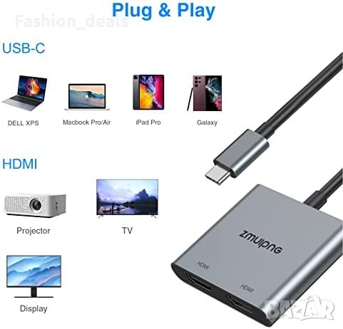 Нов USB C към двоен HDMI адаптер за лаптоп MacBook Dell Surface Lenovo, снимка 2 - Други - 40435854