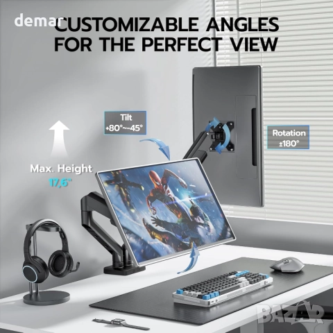 ARES WING Двойна стойка за монитори, 17-35" плоски и извити екрани, черна, снимка 4 - Стойки, 3D очила, аксесоари - 52732981