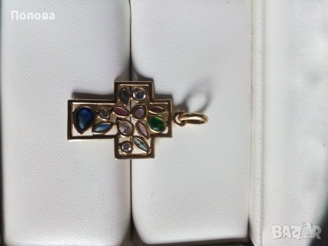  18 к. дизайнерски златен кръст със скъпоценни камъни /изумруд,сапфир,рубин..., снимка 6 - Колиета, медальони, синджири - 39301738