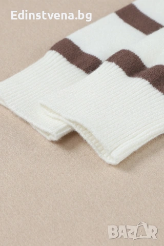 Дамска бяла рокля тип пуловер с кафяви райета и цип, снимка 12 - Рокли - 53081823