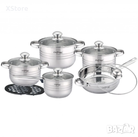 Комплект съдове за готвене, Cheffinger, 12 части и 3-слойно незалепващо покритие