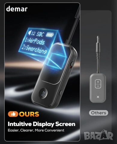 Nulaxy Bluetooth предавател/приемник с екран, споделяне на два AirPods/слушалки, 3.5 мм Aux, черен, снимка 3 - Други - 53961576