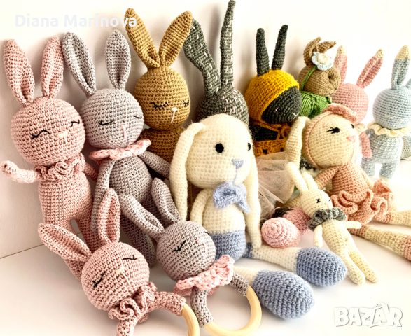 Зайче и дрънкалка ръчна изработка в неутрален цвят, плетени зайчета, играчка за бебе, бежово зайче , снимка 12 - Други - 44602627