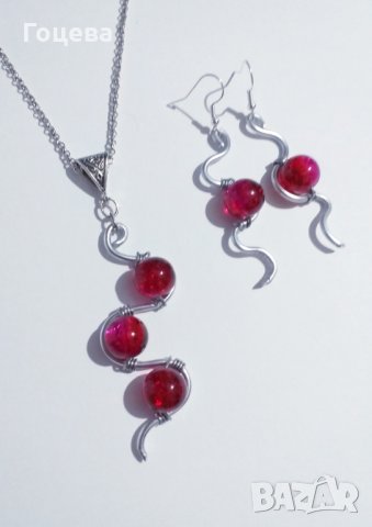 Разкошен комплект бижута в рубинено червено с орнаменти в цвят Сребро, снимка 2 - Бижутерийни комплекти - 35638749