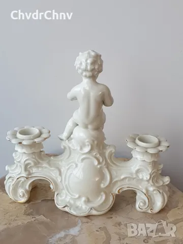 Schaubach-Kunst Wallendorf 23см/Валендорф стар немски порцеланов свещник/бял-двоен-дете-злато, снимка 2 - Антикварни и старинни предмети - 49117823