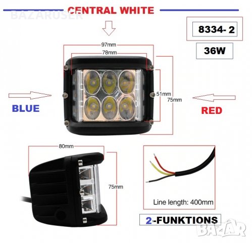 Халоген 12V-LED BAR-36W бял/син/червен 10см. -8334-2/254019, снимка 2 - Аксесоари и консумативи - 30699904