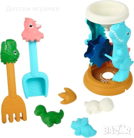 Комплект за пясък въртележка Динозаври с лопатка, плажен комплект 