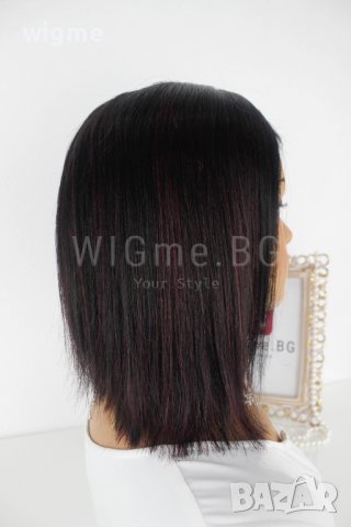 Черна перука от ЕСТЕСТВЕН косъм с тъмночервени кичури Селена, снимка 3 - Аксесоари за коса - 37787339
