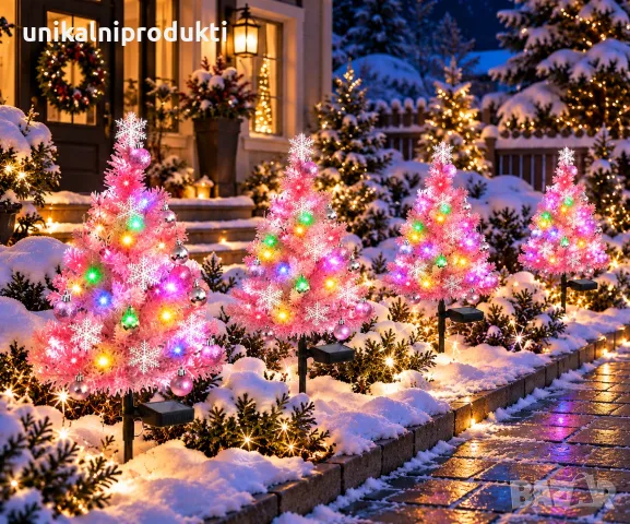 Соларни коледни елхички с LED светлина 4бр. комплект 