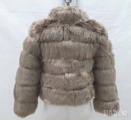 Късо дамско зимно яке с дълъг косъм в светлобежов пепеляв цвят - L, снимка 2 - Якета - 35152023