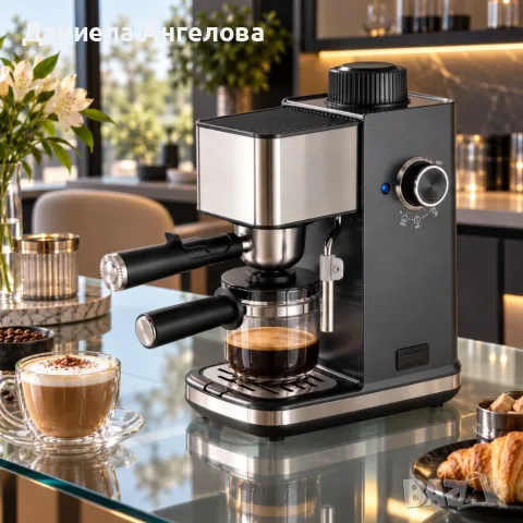 Еспресо Кафемашина 1500W с Парна Дюза, Стъклена Каничка и Метален Филтър