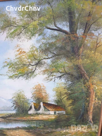 80х70см/голяма картина масло върху платно/селски пейзаж/къщи-дървета-планина/дървена рамка, снимка 4 - Картини - 50852639