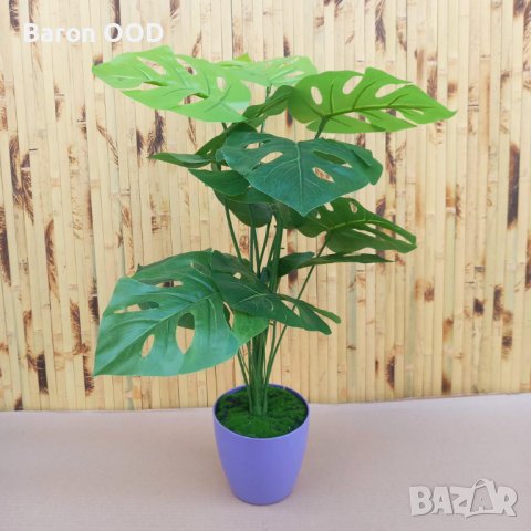 Декоративно изкуствено растение Монстера в саксия, снимка 4 - Изкуствени цветя - 42891187