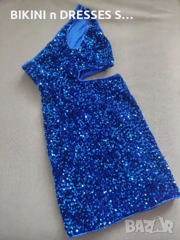 Синя рокля с пайети асиметрична едно рамо ХИТ, снимка 4 - Рокли - 39108658