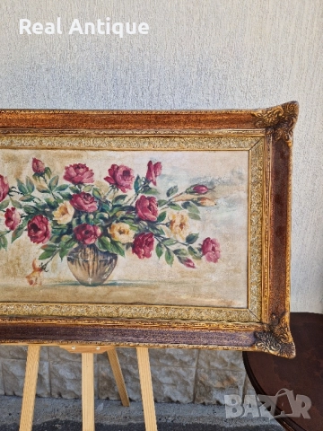 Натюрморт голям антикварен масло платно автор рамка , снимка 4 - Картини - 51686446