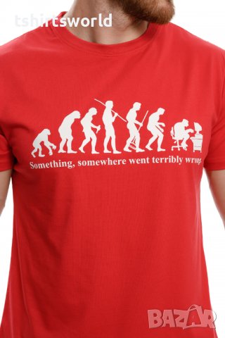Нова мъжка тениска с трансферен печат Човешка еволюция в червен цвят, снимка 2 - Тениски - 37664008