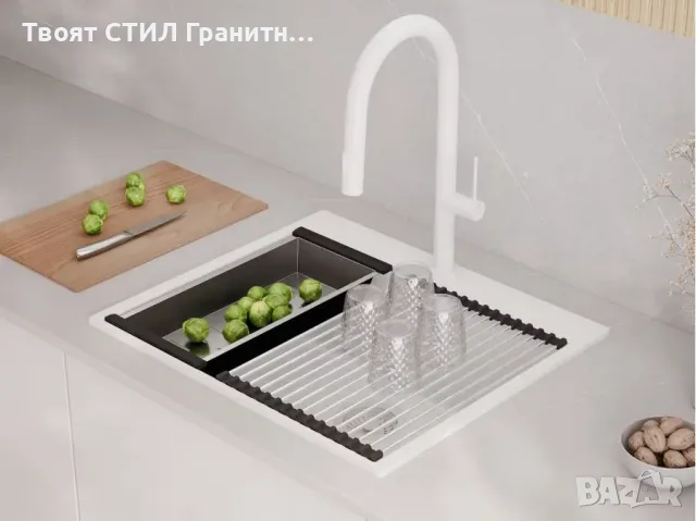 Промо к-т Бял мивка смесител дозатор сифонкухненска мивка от гранит модел Осло 60 XXL Top 580 x 500 