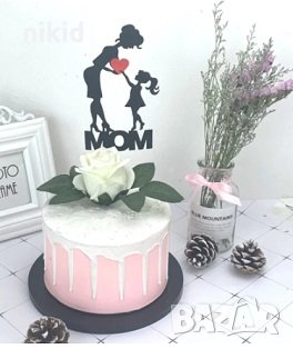 mom мама майка с дъщеря момиченце черен мек брокатен топер на клечка за украса торта ден на жената, снимка 2 - Други - 30701812