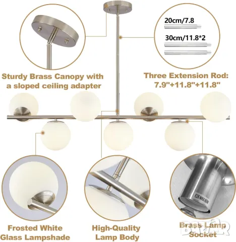 Модерен сребрист Висящ полилей с бял глобус осветление за (сребро), снимка 7 - Лампи за таван - 48969030