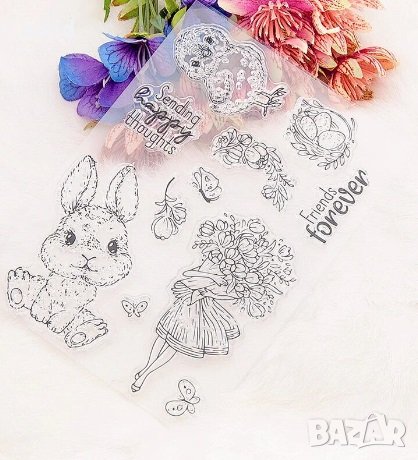 Зайче пиле Яйца Великденски момиче силиконов гумен печат декор украса бисквитки фондан Scrapbooking