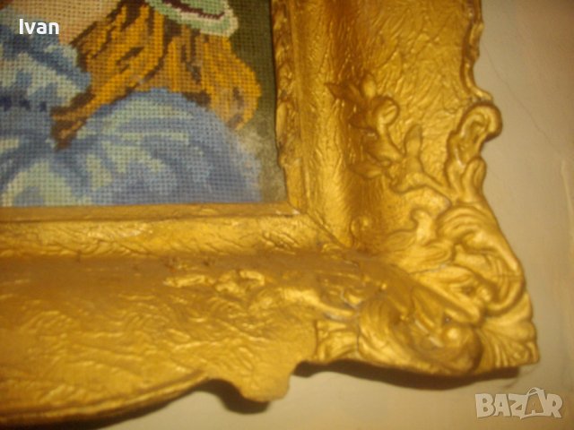 Стар/Старинен DMC Гоблен-Ръчно Нашиван-Германия-Рамкиран-Гипс-460х390мм-Момиче С Боне-ОТЛИЧЕН, снимка 12 - Гоблени - 37088937