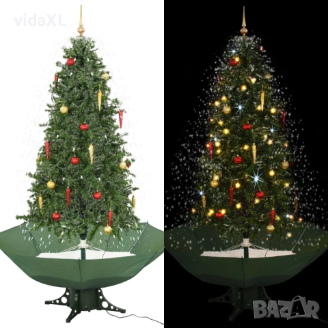 vidaXL Коледна елха с валящ сняг и основа от чадър, зелена（SKU:284337）