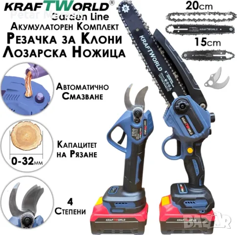 Професионален комплект KraftWorld – Лозарска ножица с 4 степени + Мини Резачка с Авто смазване