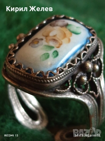 Винтидж сребърен пръстен филигран гранулация ръчно рисуван емайл 17131, снимка 6 - Пръстени - 54027853