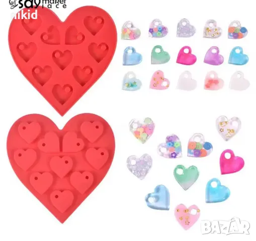 10 плоски сърца сърце с дупка висулка силиконов молд форма фондан шоколад гипс смола бижу таг декор, снимка 2 - Форми - 49981879