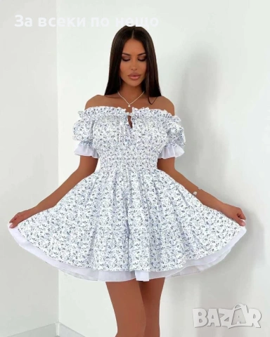 Дамска Къса Елегантна Лятна Флорална Рокля С Паднали Рамене И Разкроена Пола-Бяла Или Синя Код A1196