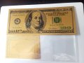 Позлатена с 24 карата злато релефна банкнота 100 долара със сертификат, снимка 1