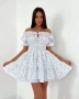 Дамска Къса Елегантна Лятна Флорална Рокля С Паднали Рамене И Разкроена Пола-Бяла Или Синя Код A1196, снимка 1
