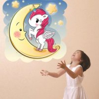 Еднорог Unicorn с луна стикер лепенка за стена за детска стая самозалепващ, снимка 1 - Други - 30543862
