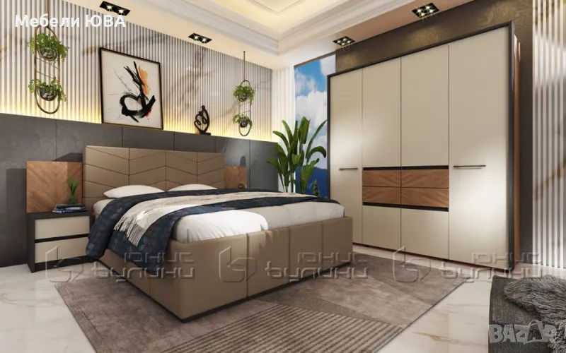 Високо тапицирано легло ДУБАЙ с нощни шкафчета, снимка 1