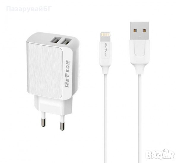 Комплект, мрежово зарядно DE-09I, бързо зареждане, кабел за IPHONE, 2xUSB, 5V, 2,4A, снимка 1