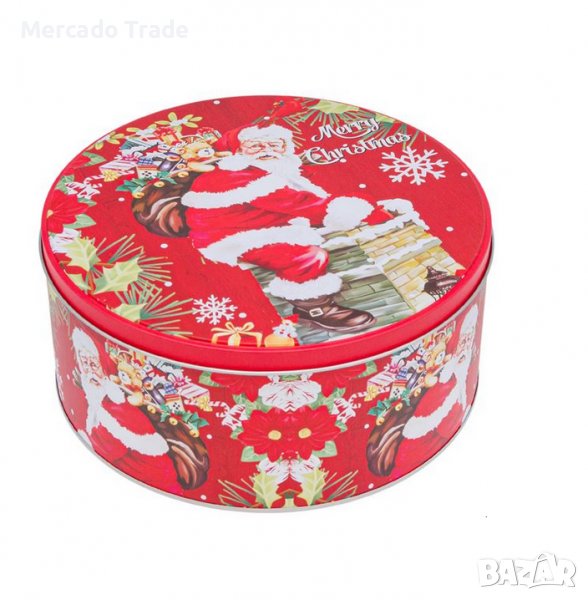 Коледна кутия Mercado Trade, За сладки, Метал, Кръгла, Дядо Коледа, Червен, снимка 1