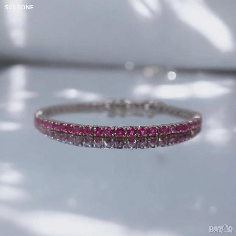 КЛАСИЧЕСКА ТЕНИС ГРИВНА ОТ 925 СТЕРИЛИНГ С РОЗОВ ТОПАЗ, снимка 1