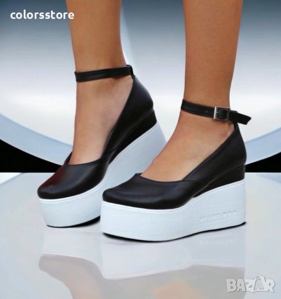 Обувки на платформа - черна кожа с бяло ходило - 125K, снимка 1